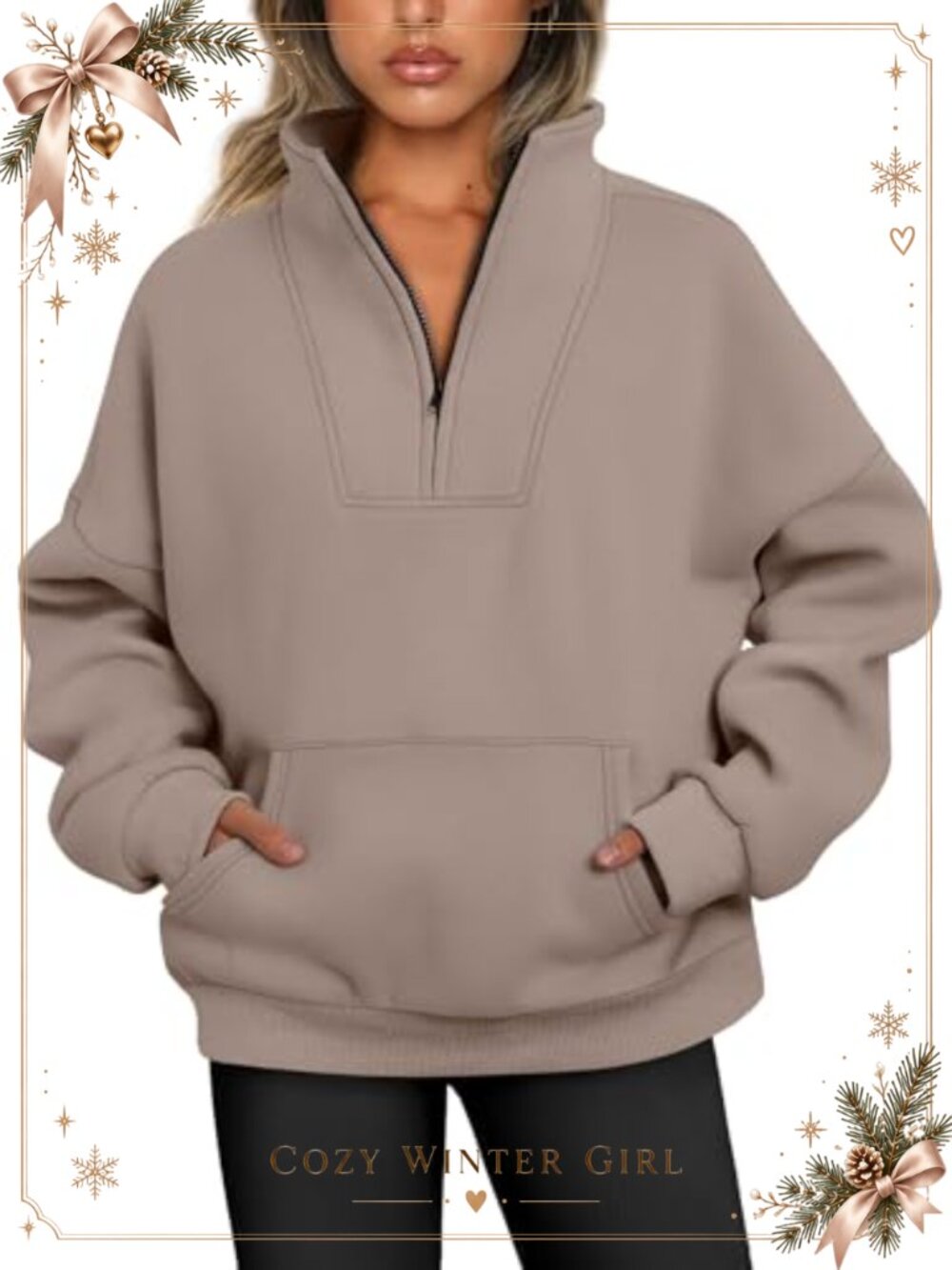 Quarter Zip Fleece Lined Pullover Sweatshirt Oversized Kangaroo Pocket